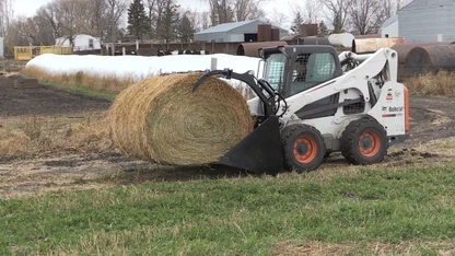 Holding an irregular hay bale securely with a skid steer round bale grapple through the summer haying season