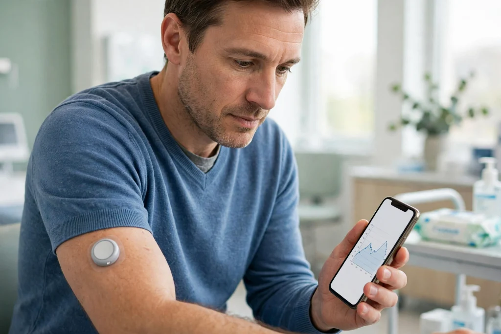 Person with type 2 diabetes wearing a continuous glucose monitor and checking readings on a phone