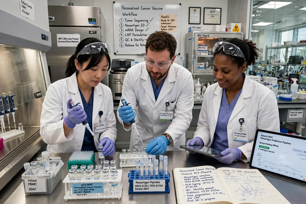 Researchers preparing a personalised cancer vaccine in a laboratory