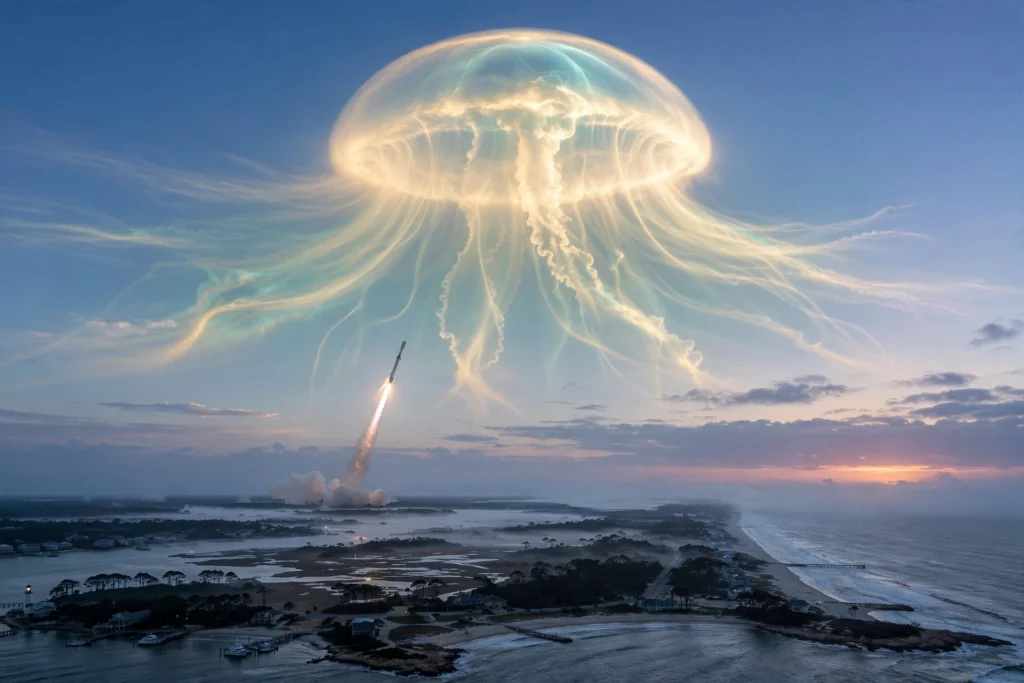 SpaceX rocket launch creating a glowing jellyfish-shaped cloud in the dawn sky over the coast